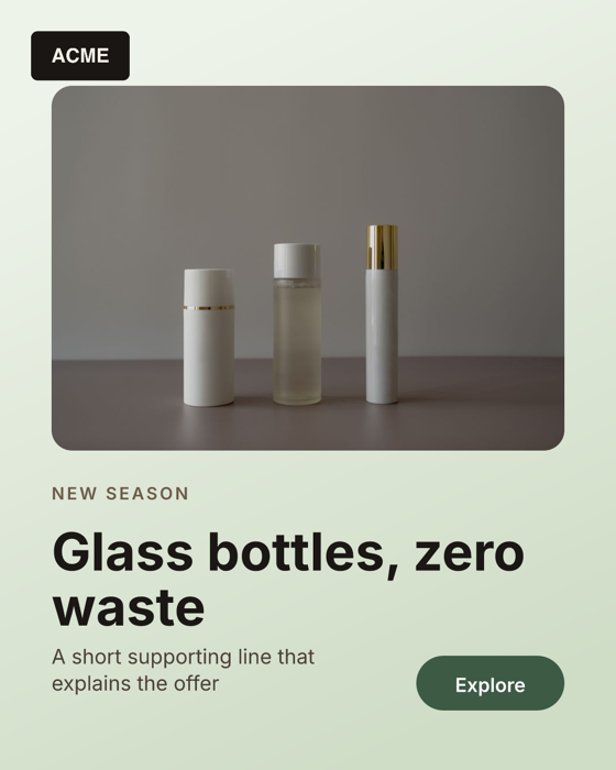 Render for SKU-101: glass bottles on a green gradient with an Explore button